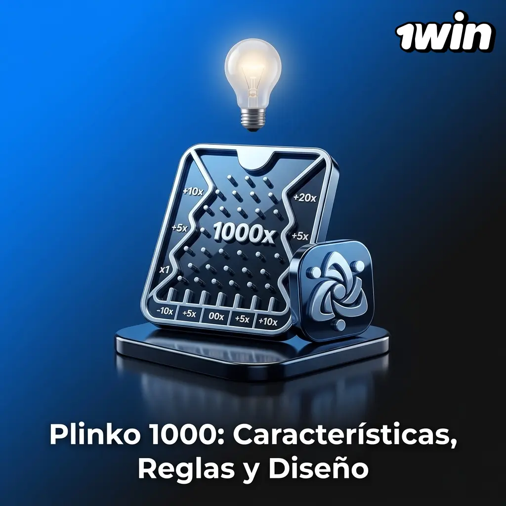 Plinko 1000 de 1Win Games: tablero con bola cayendo entre clavijas, ranuras de colores neón y multiplicador máximo de 1000x