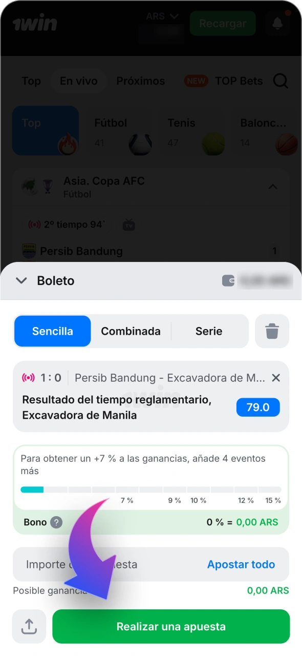 Selecciona un evento y confirma tu apuesta en la plataforma 1win.
