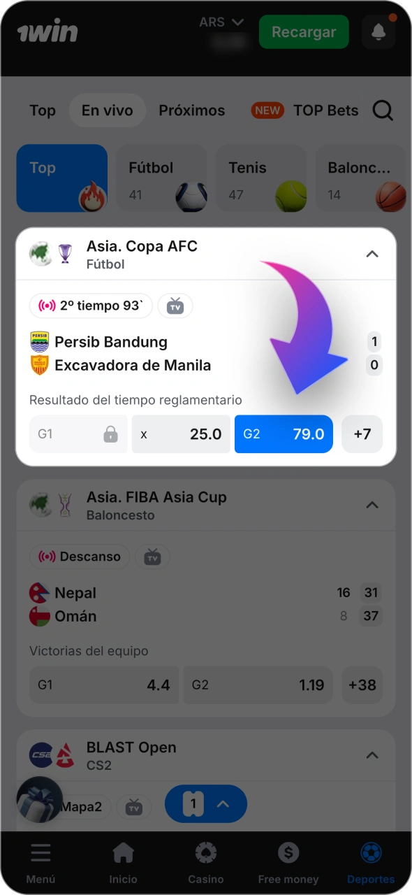 Dirígete a la sección de deportes de 1win para seleccionar un evento.