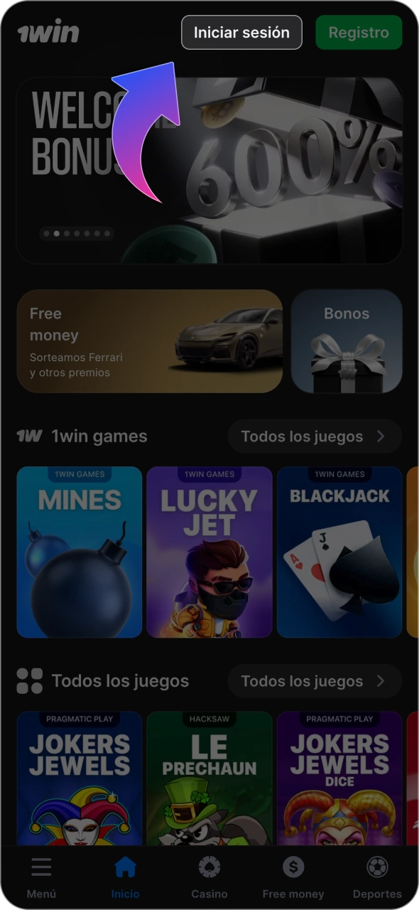 Haz clic en el botón para iniciar el proceso de inicio de sesión de 1win.