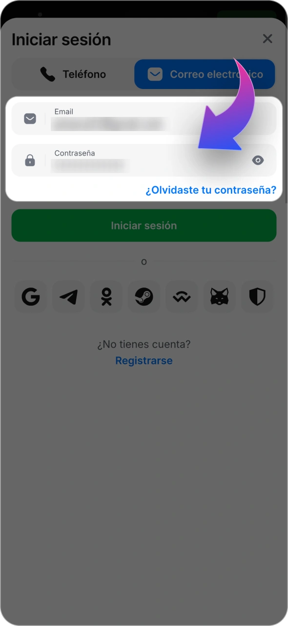 Rellena el formulario de 1win con tus datos de acceso.