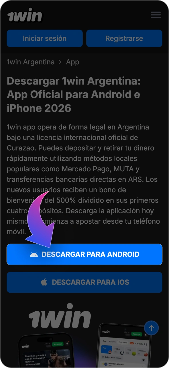 Pulsa el botón en la página web de 1win para iniciar la descarga del APK.