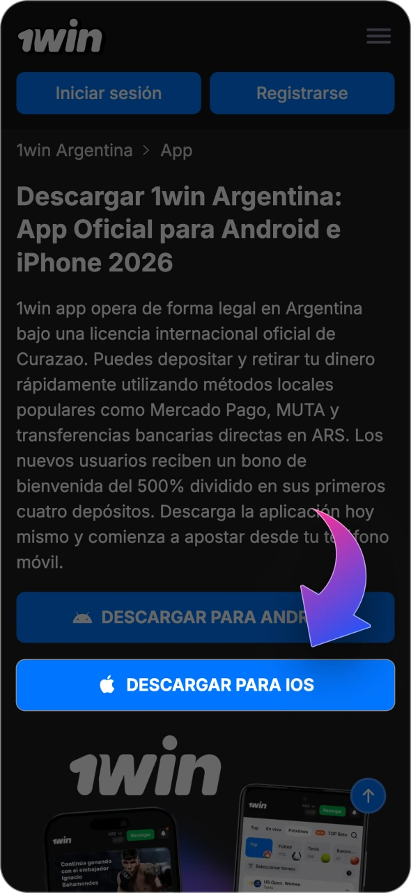 Pulsa el botón de descarga en la página web oficial de 1win.
