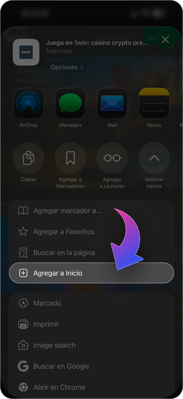 Seleccione la opción Agregar a la pantalla de inicio en el menú de 1win.