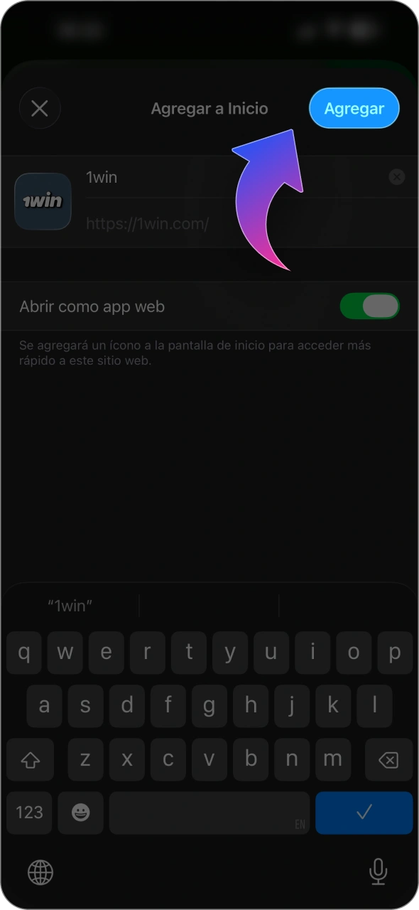 Confirma que 1win PWA se ha añadido a tu pantalla de inicio.