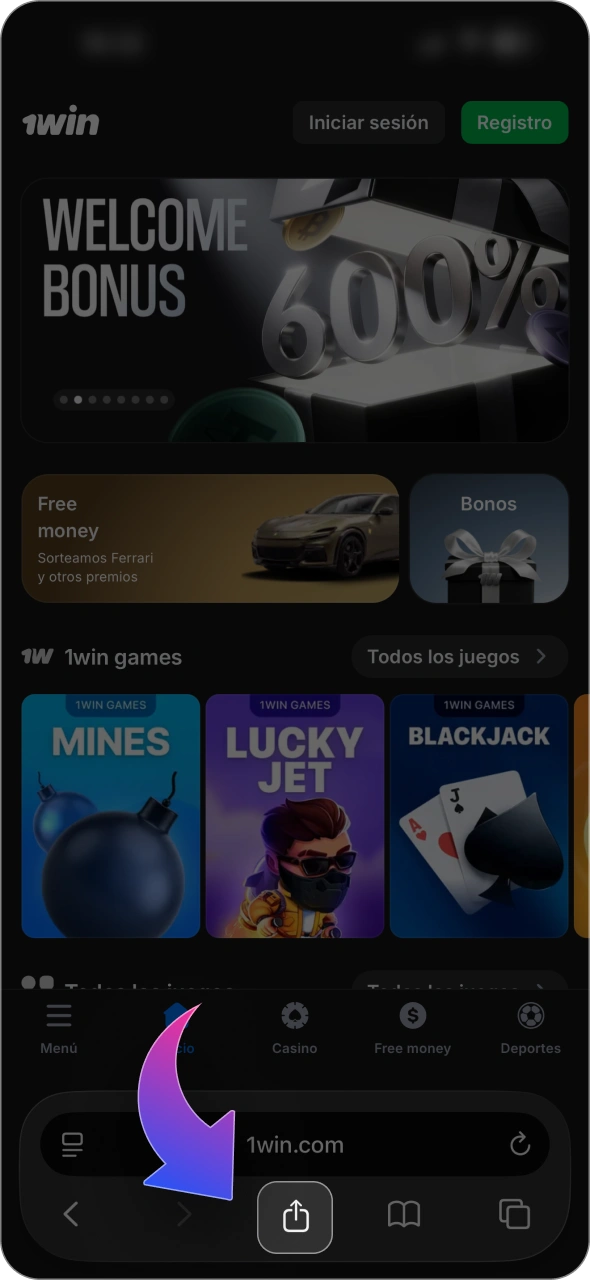 Pulsa el botón de compartir en la parte inferior de 1win.