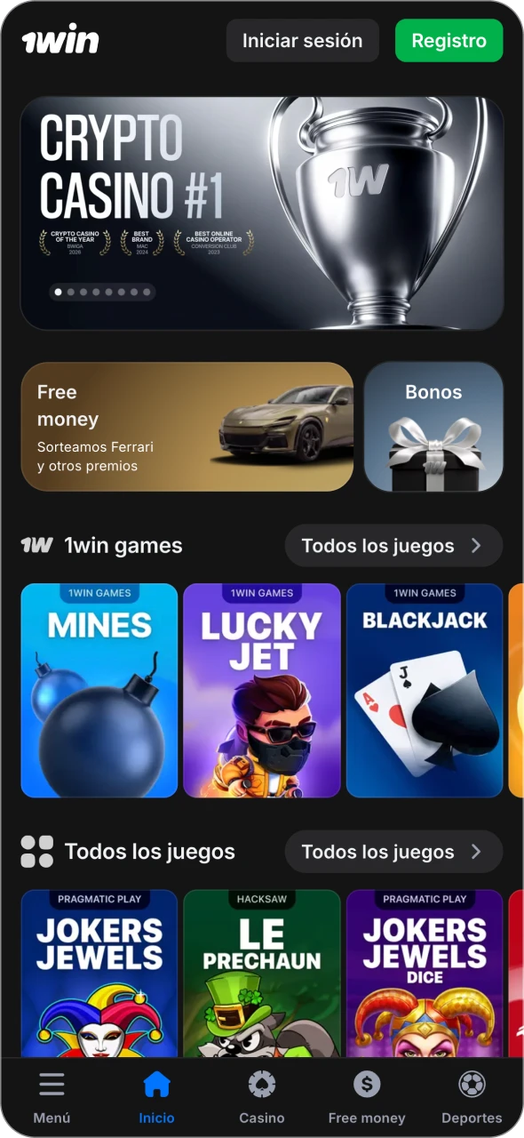 Mira la página principal de la aplicación 1win.