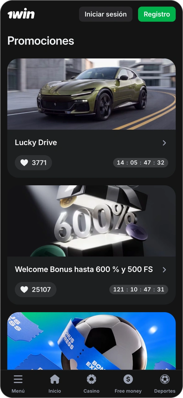 Activa los bonos y promociones de 1win en la aplicación.