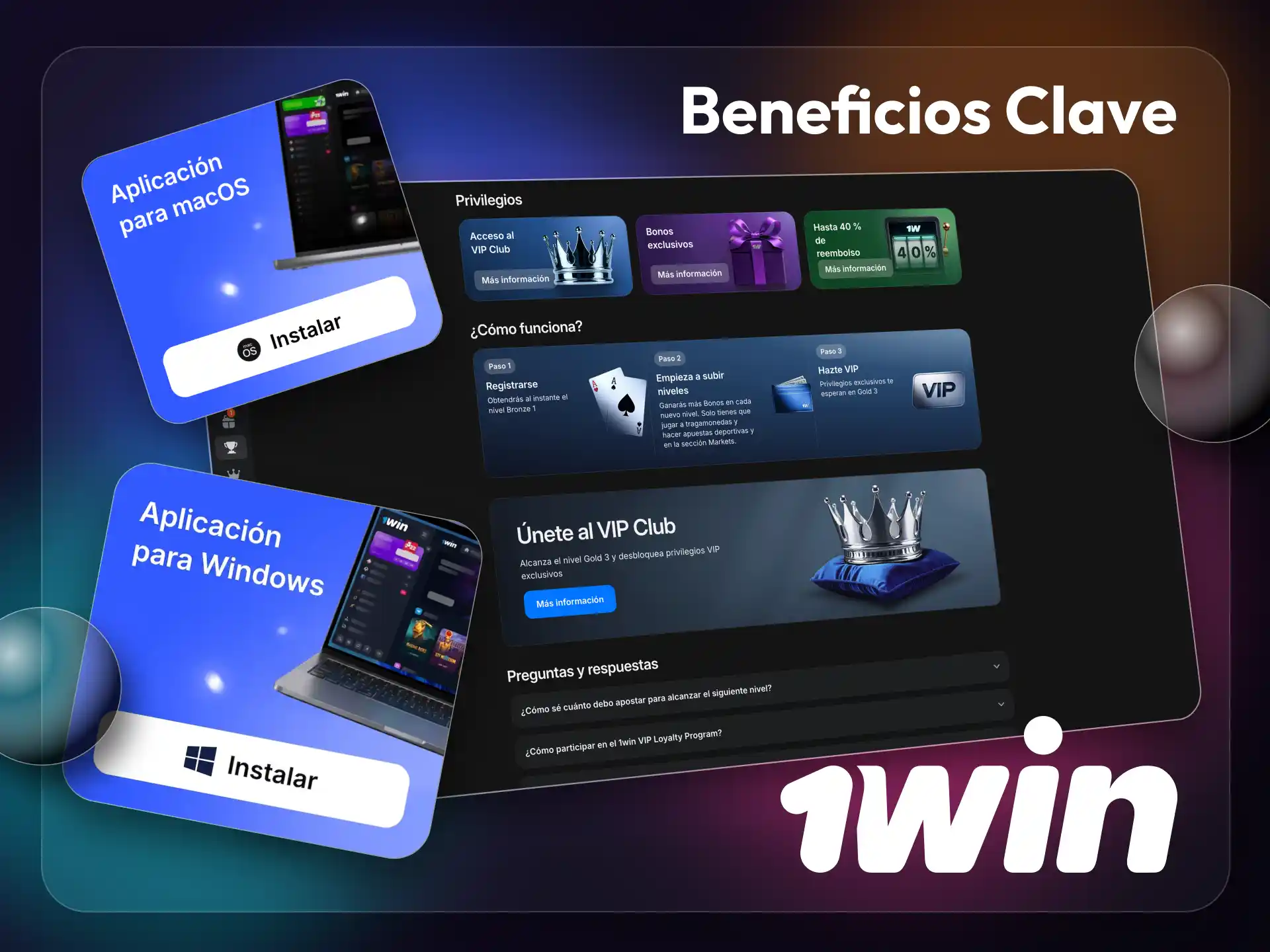 Instala el cliente de escritorio de 1win para obtener los siguientes beneficios.