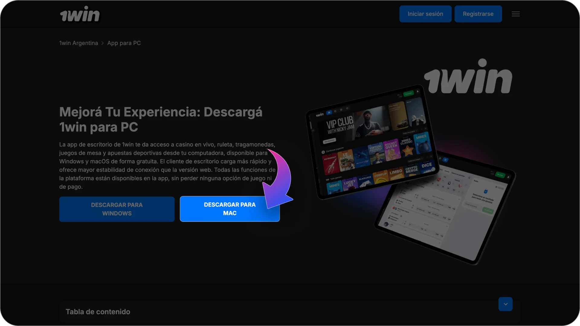 Haz clic en el botón Descargar para Mac en la página de 1win.