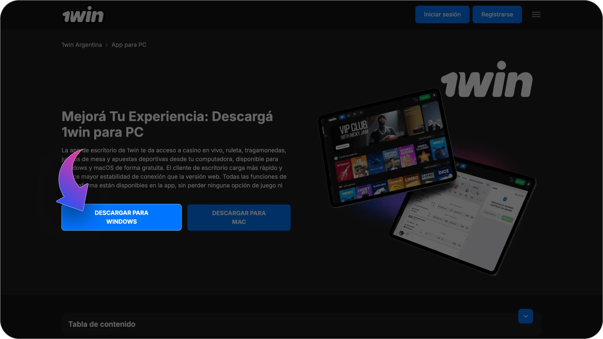 Haz clic en el botón Descargar para Windows en la página de 1win.