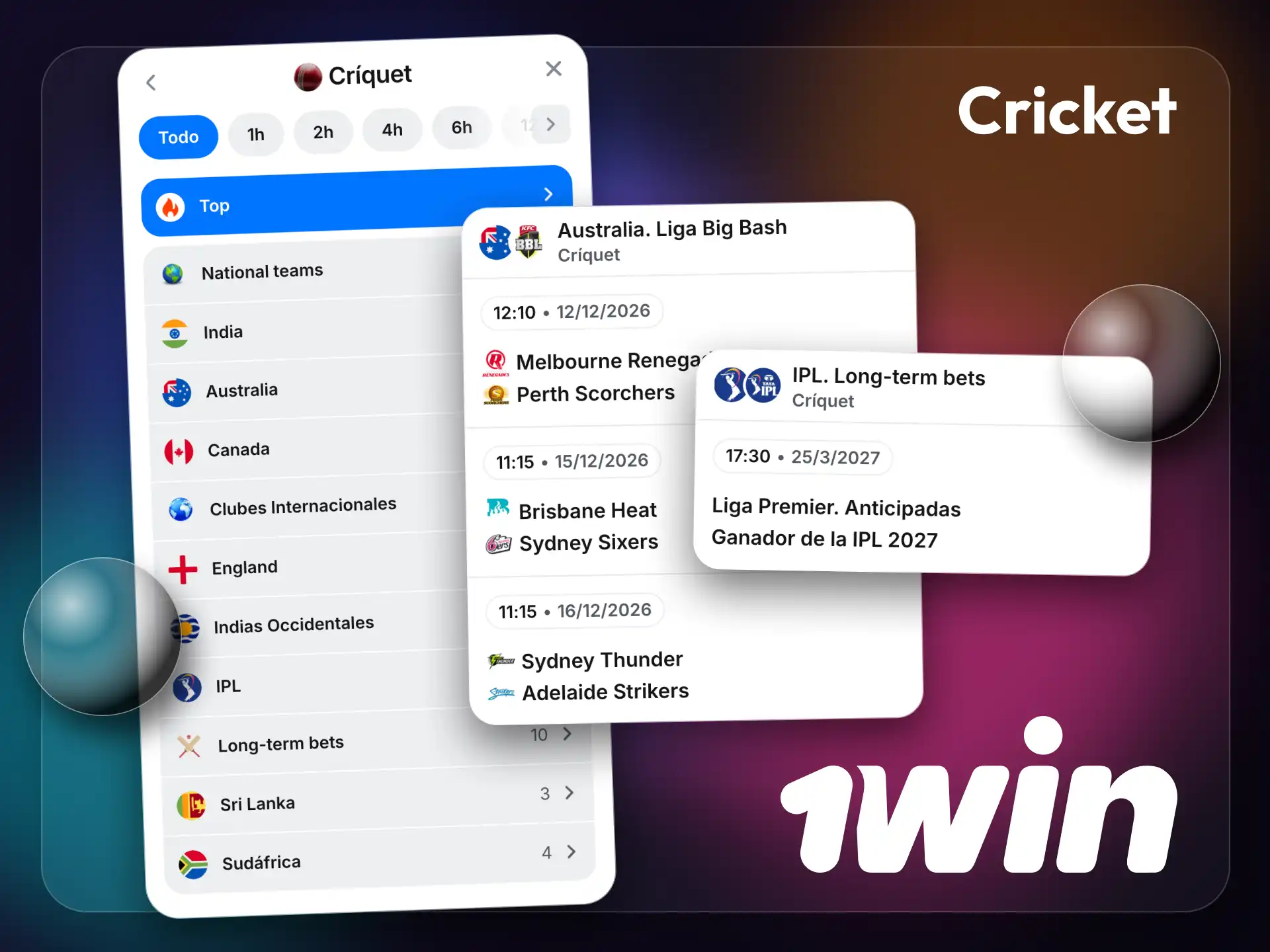 El cricket está disponible en 1win con cobertura internacional.