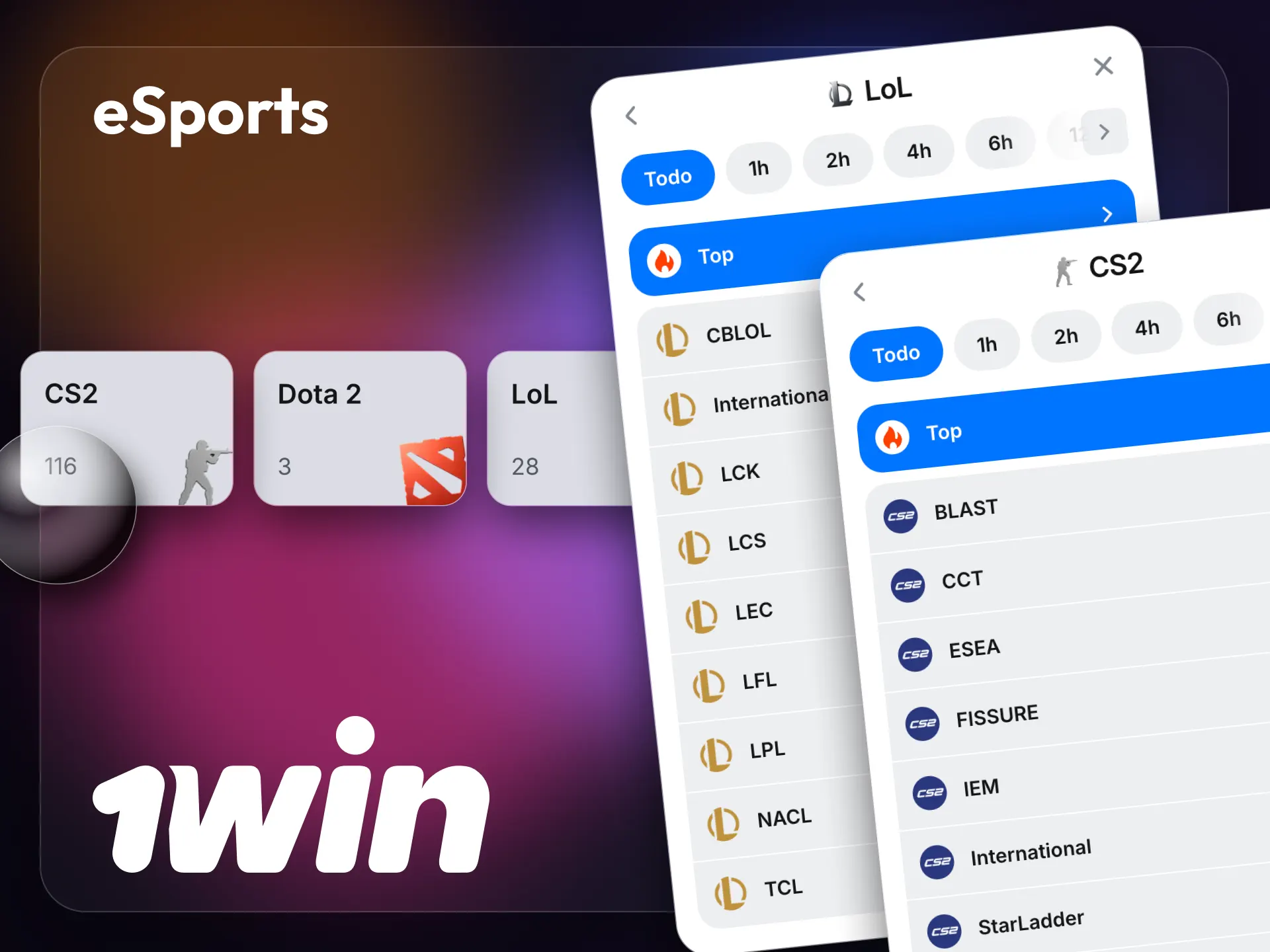 Apuesta en los principales torneos de eSports con mercados en directo en 1win.