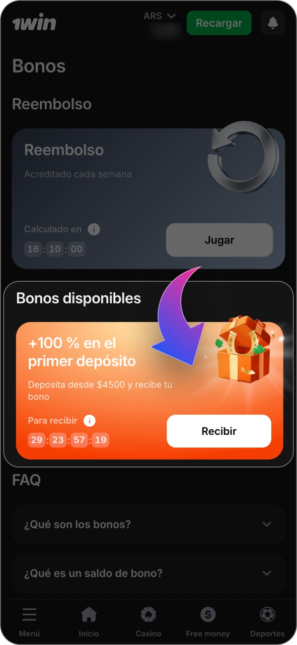 Activa tu bono de bienvenida en tu cuenta de 1win.