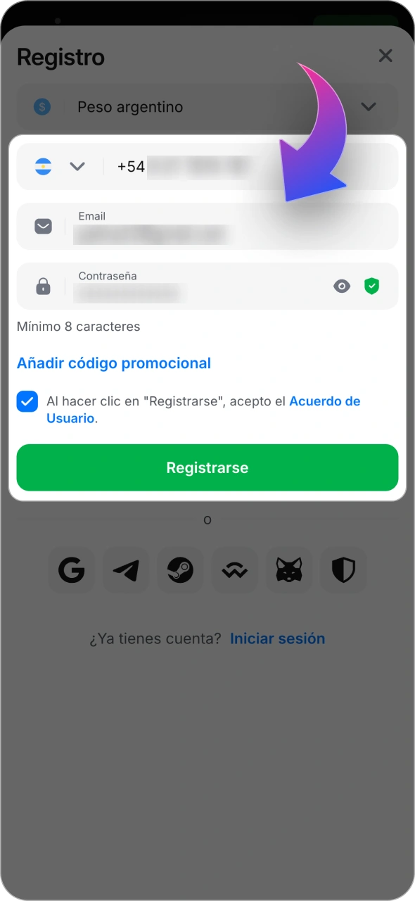 Comienza la creación de tu cuenta en 1win utilizando tu información personal.