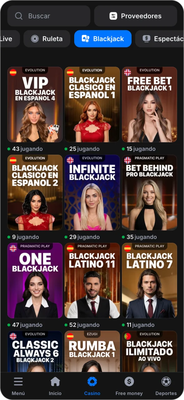 Explora la sección de blackjack de 1win y selecciona tu mesa.