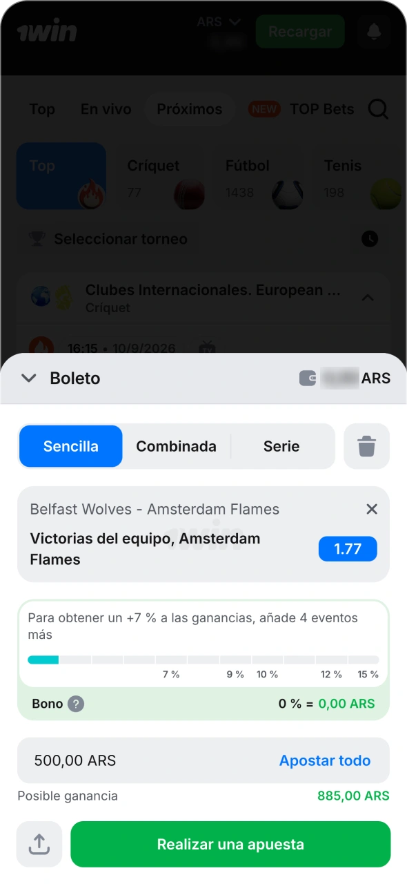 Elige un torneo y un mercado, y realiza tu apuesta en 1win.