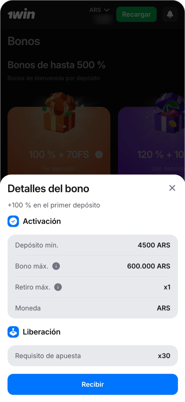 Consulta la lista de ofertas disponibles en la sección de bonos de 1win.