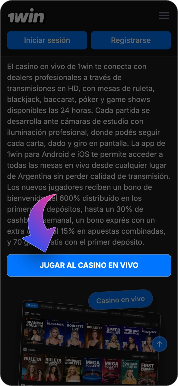 Haz clic en el botón de la página de 1win para abrir el formulario de registro.