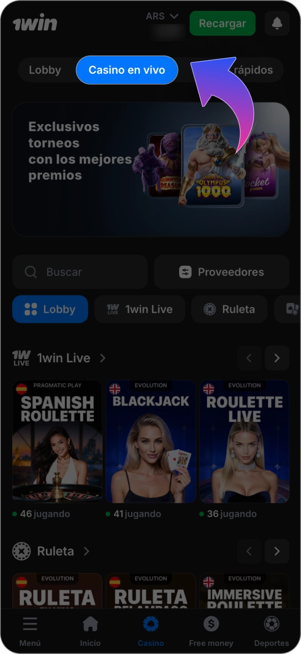 Localiza la sección de juegos en vivo de 1win y elige tu mesa.