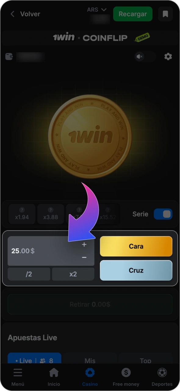 Elige la cantidad de tu apuesta y empieza a jugar a 1win CoinFlip.