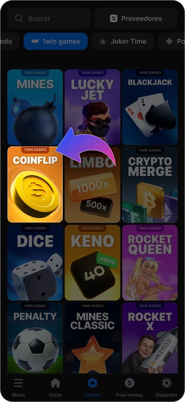 Encuentra el juego CoinFlip en la sección de Juegos de 1win.