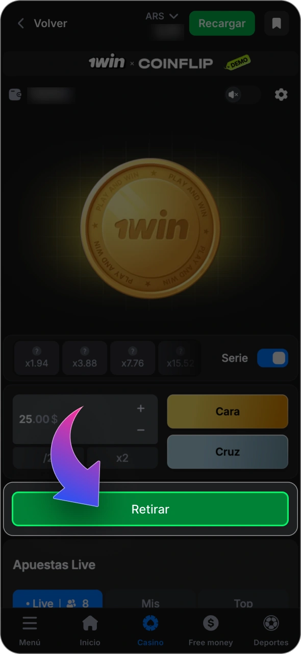 Pulsa el botón para retirar tu dinero de 1win CoinFlip.