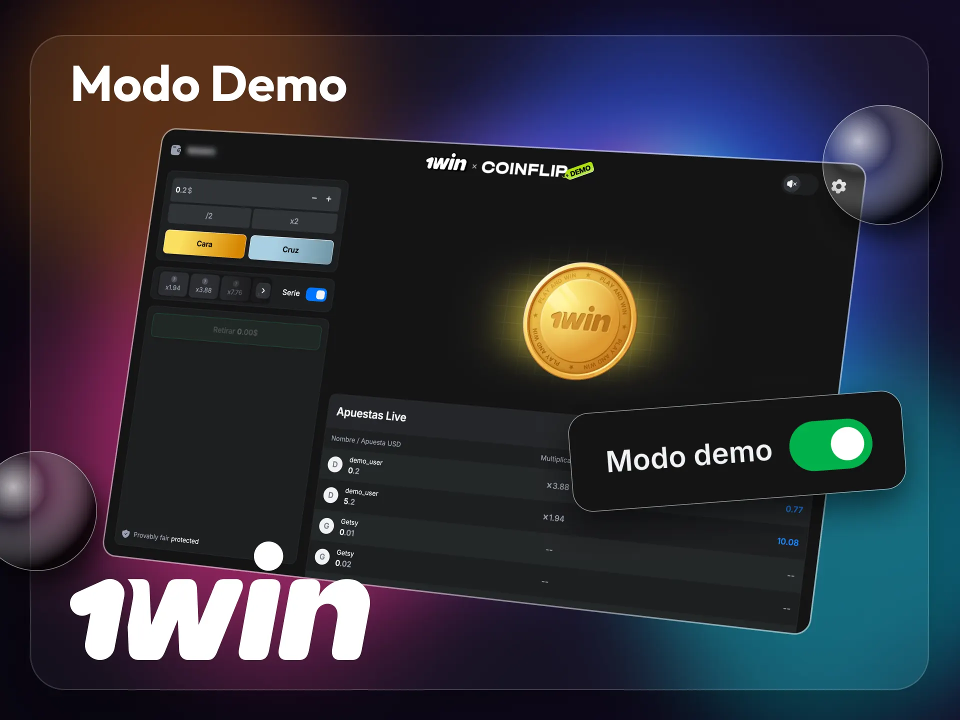 Prueba 1win CoinFlip en modo demo sin gastar dinero.