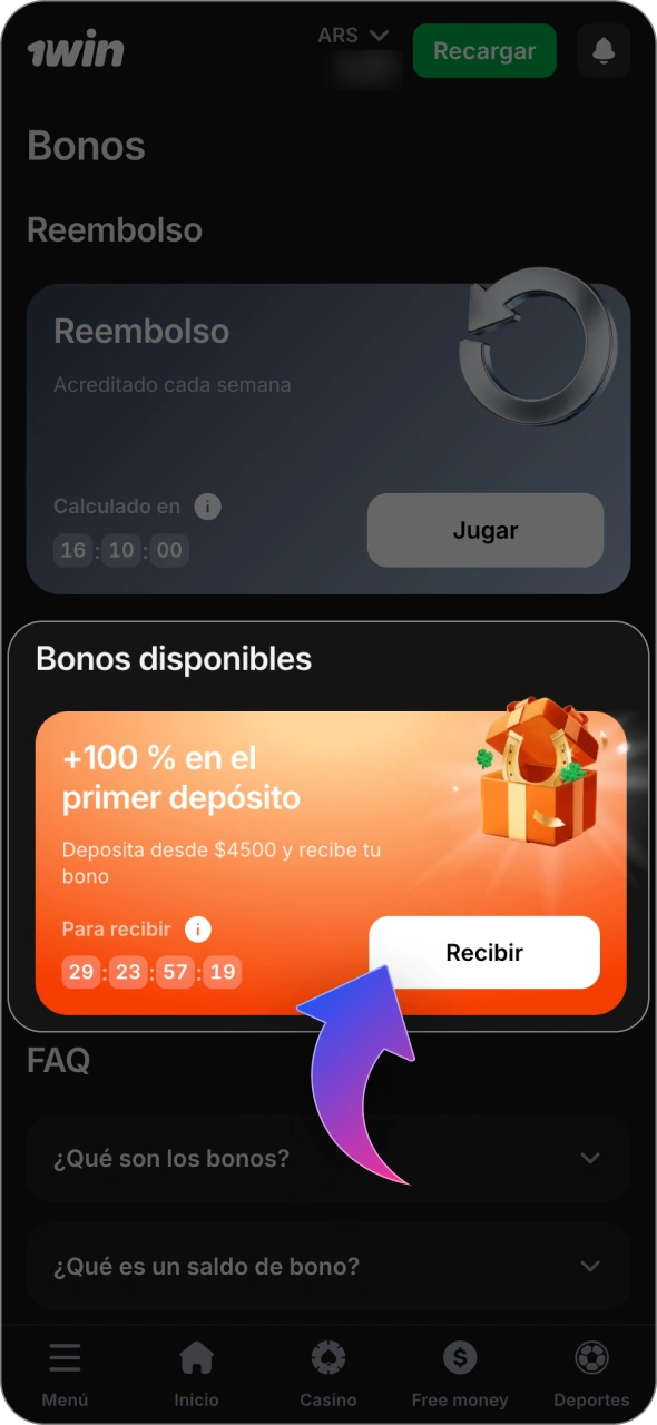 Activa el bono de primer depósito de 1win en tu cuenta.