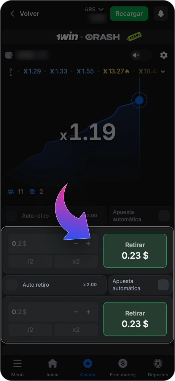 Haz una apuesta y retira tus ganancias en el juego 1win Crash.