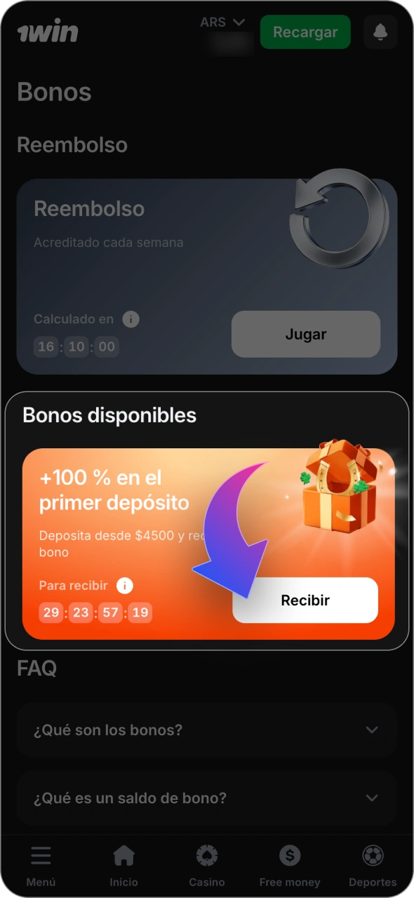 Activa el bono 1win con el primer depósito en tu cuenta.
