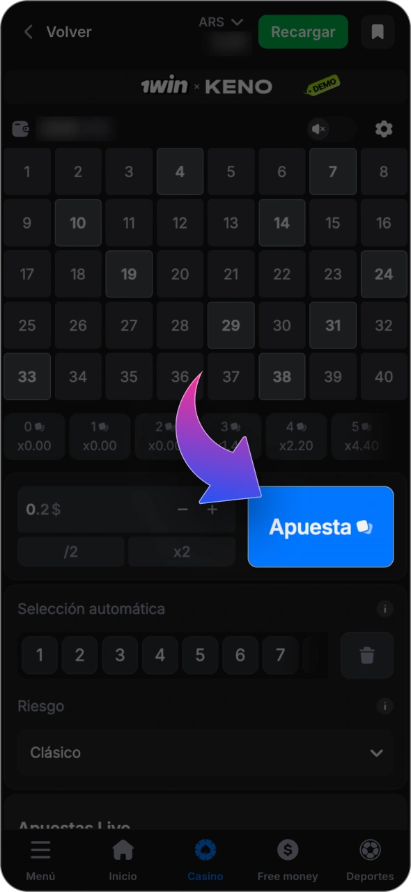 Elige los números y realiza tu apuesta en el juego de Keno de 1win.