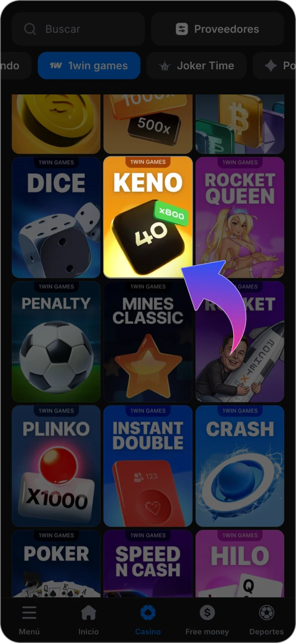 Busca el juego de Keno en 1win Games.