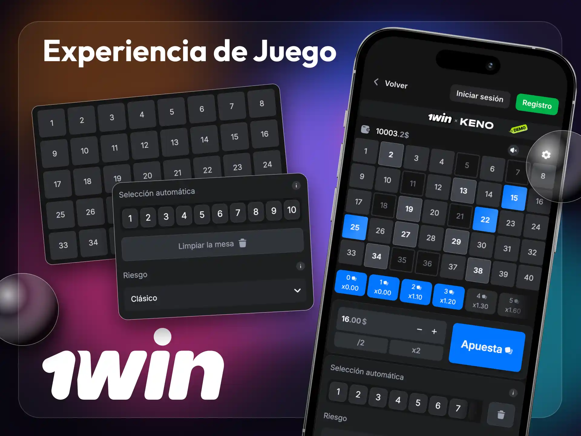 La interfaz de Keno se adapta a la aplicación móvil o tableta de 1win.