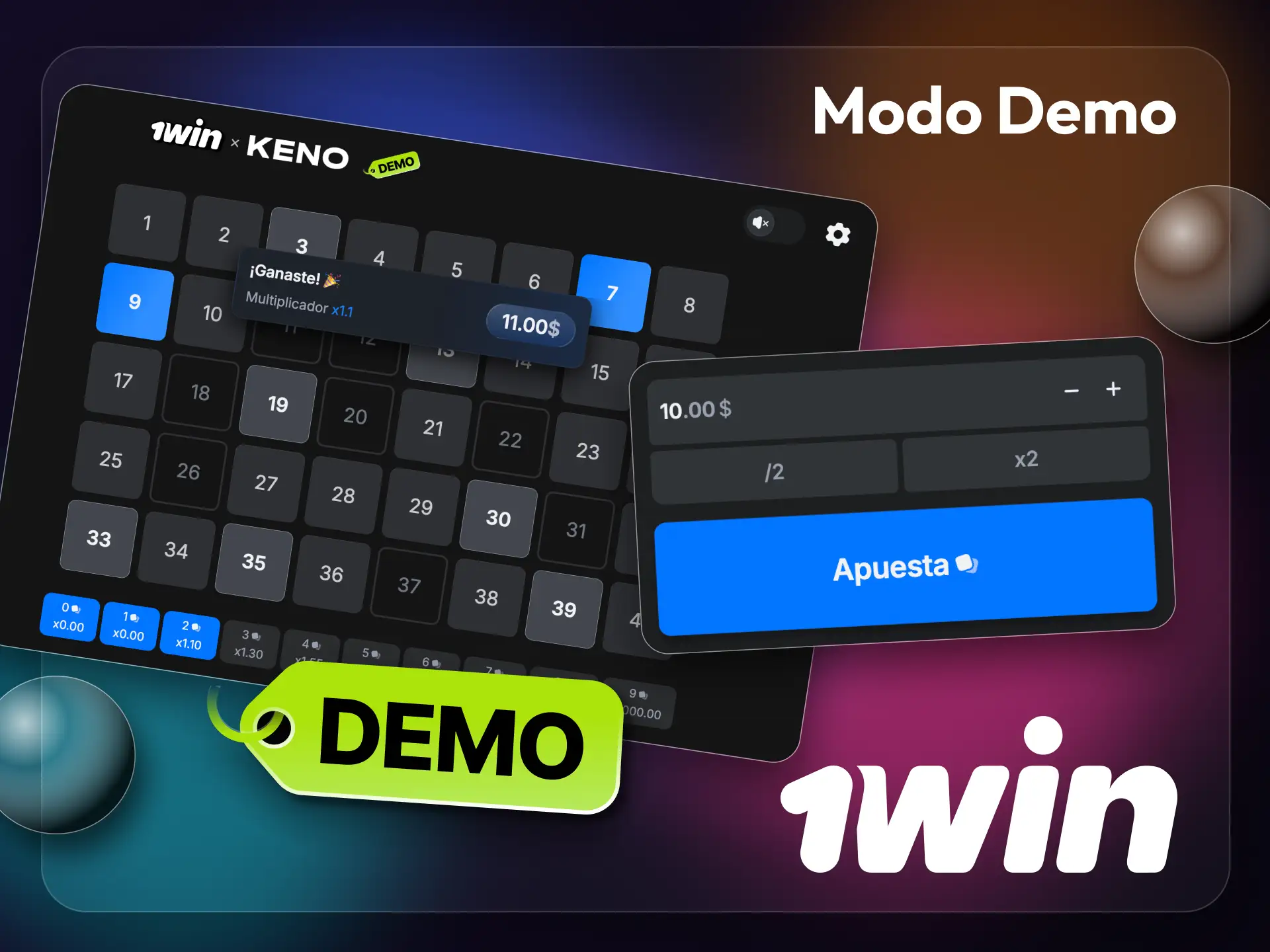 Prueba el juego 1win Keno usando el modo de demostración.