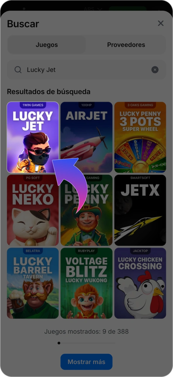 Encuentra un juego de Lucky Jet en la barra de búsqueda de 1win.