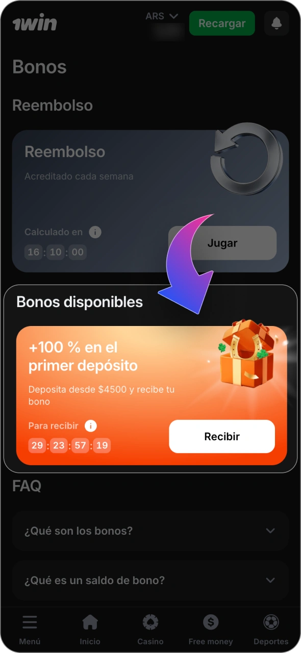 Acceda a su cuenta para activar el bono de bienvenida de 1win.