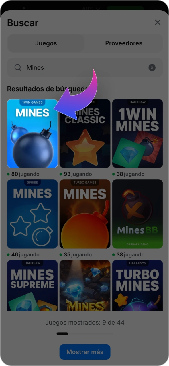 Busca el juego Mines en la barra de búsqueda de 1win.
