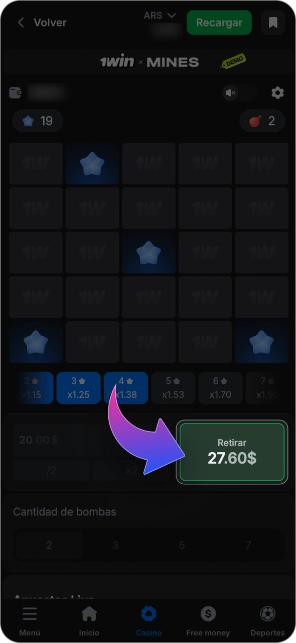 Haz una apuesta y empieza a jugar al juego 1win Mines.