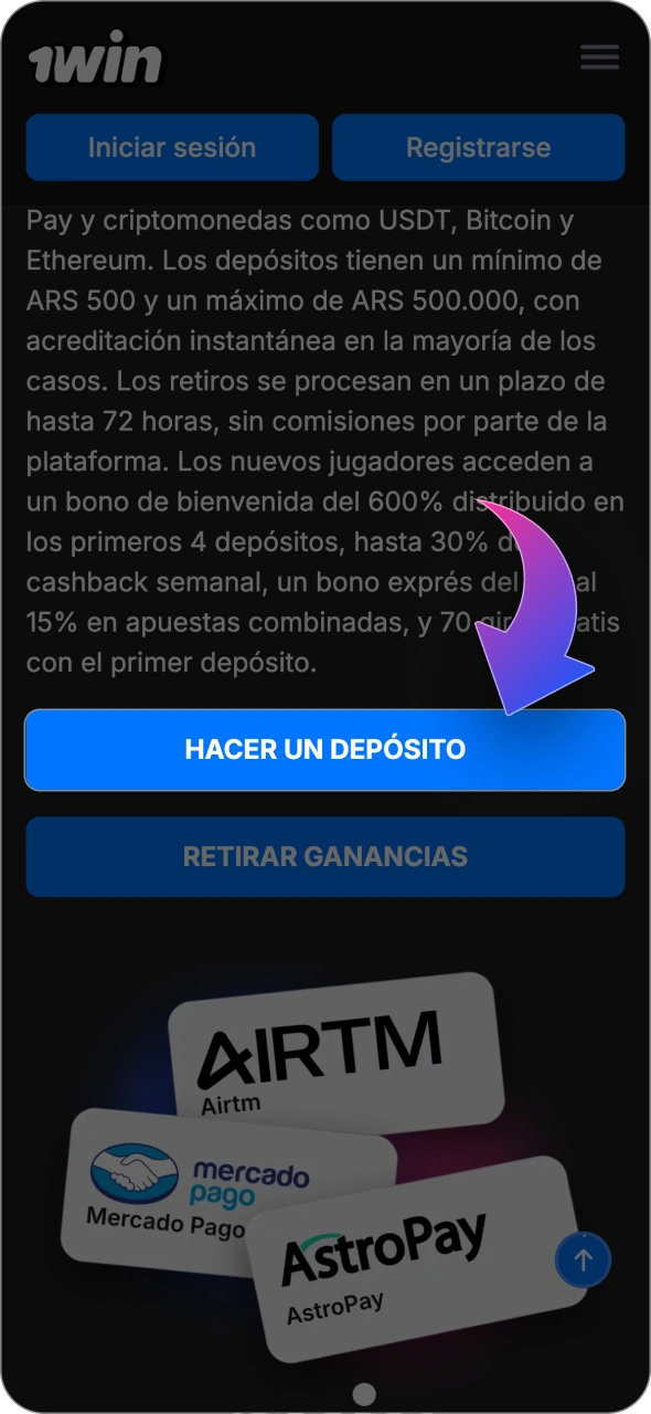 Haz clic en el botón para realizar un depósito en la página de 1win.