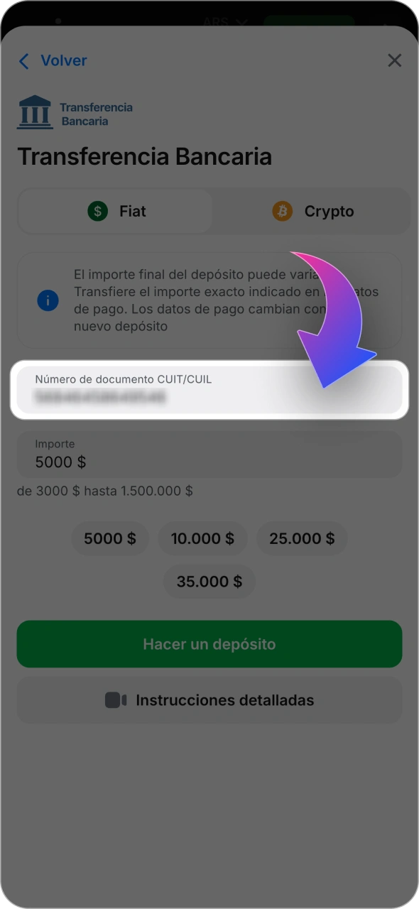 Completa la información necesaria para el depósito en 1win.