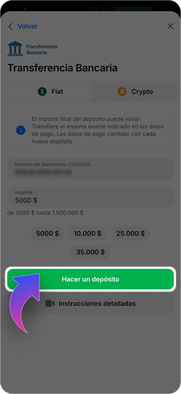 Pulsa el botón para confirmar el proceso de depósito en la plataforma 1win.