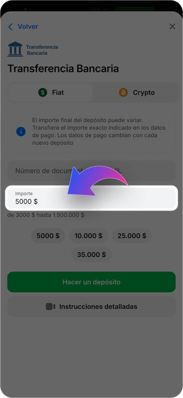 Introduce la cantidad que deseas depositar en 1win.