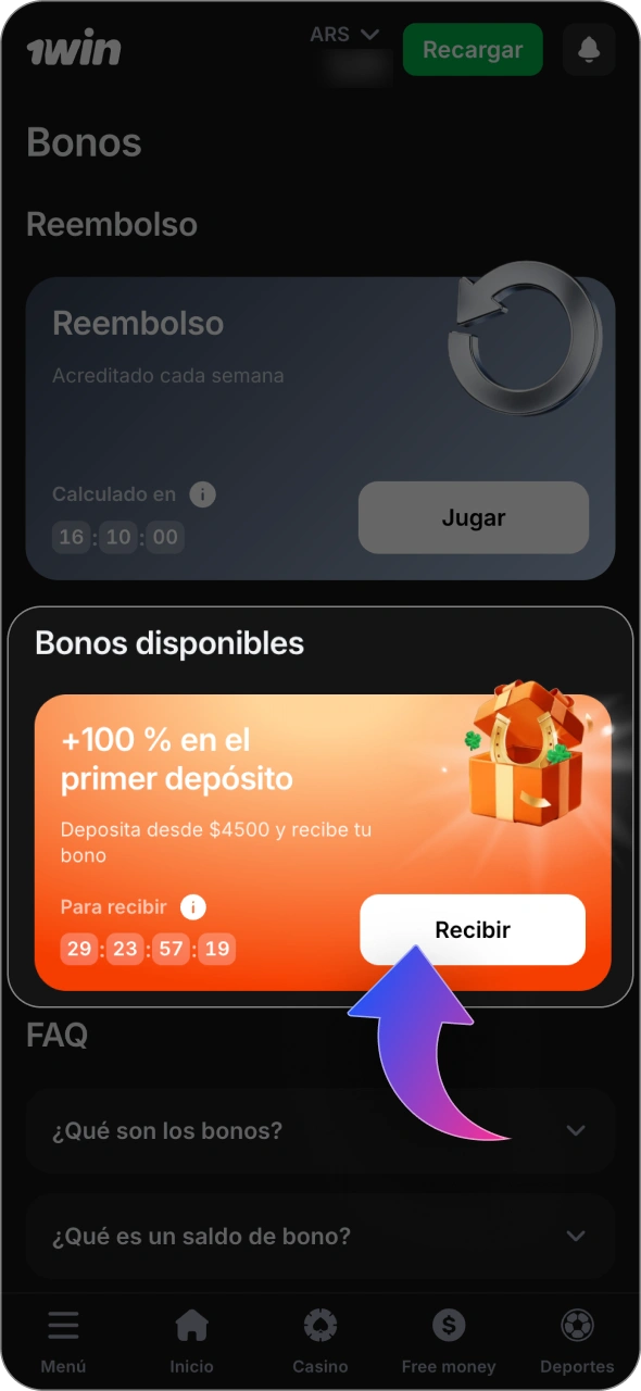Comprueba si el bono 1win está activado en tu cuenta.