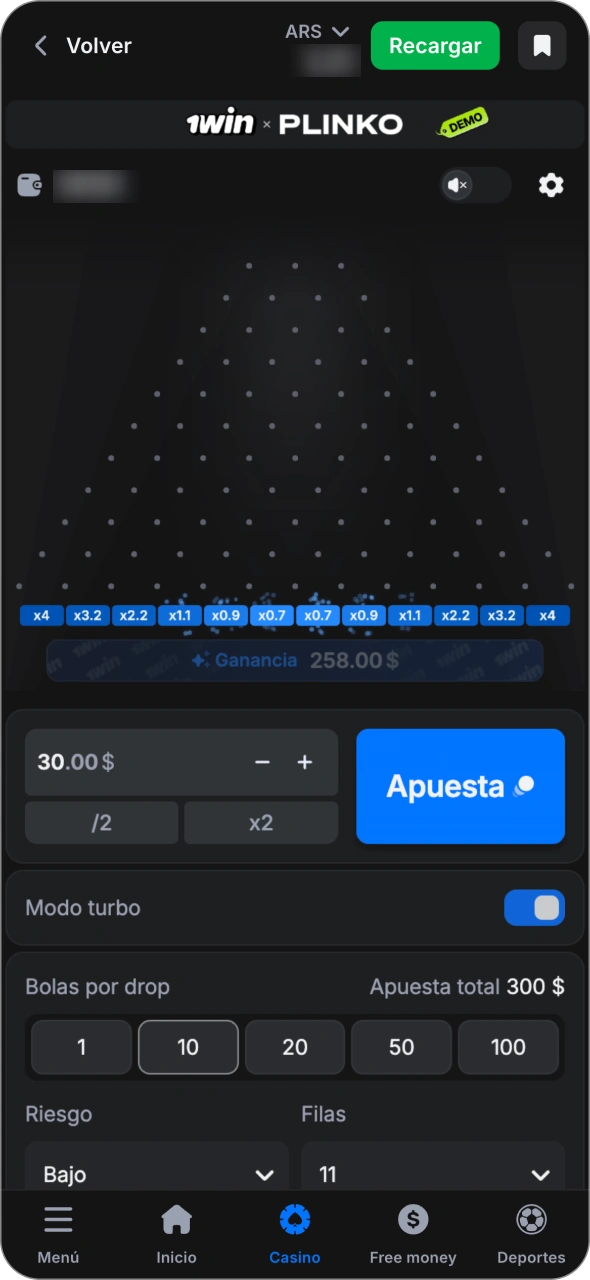 Elige tu apuesta y pulsa el botón para empezar a jugar a 1win Plinko 1000.