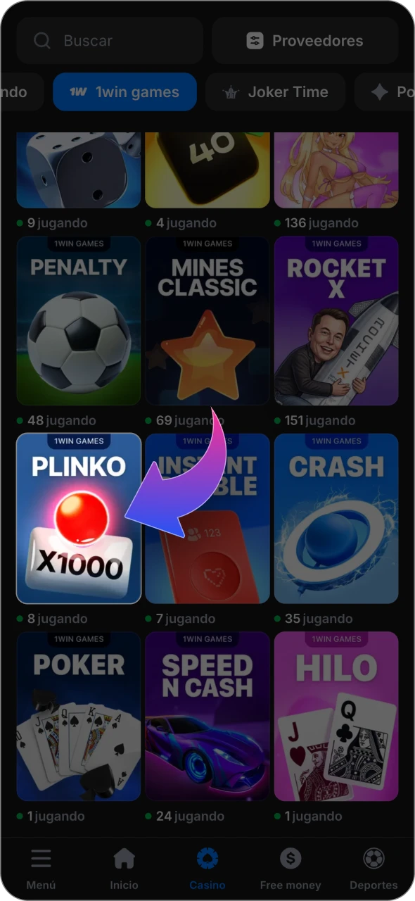 Dirígete a la sección del casino 1win para encontrar el juego Plinko 1000.