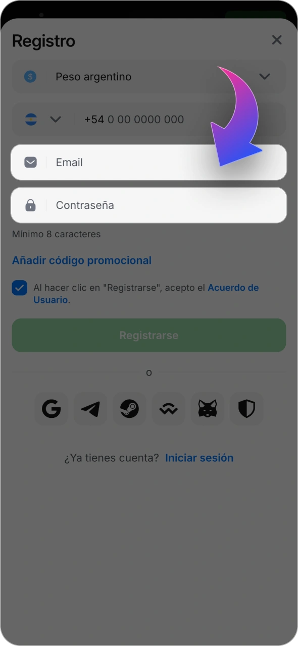 Complete el formulario de registro de 1win con su información personal.
