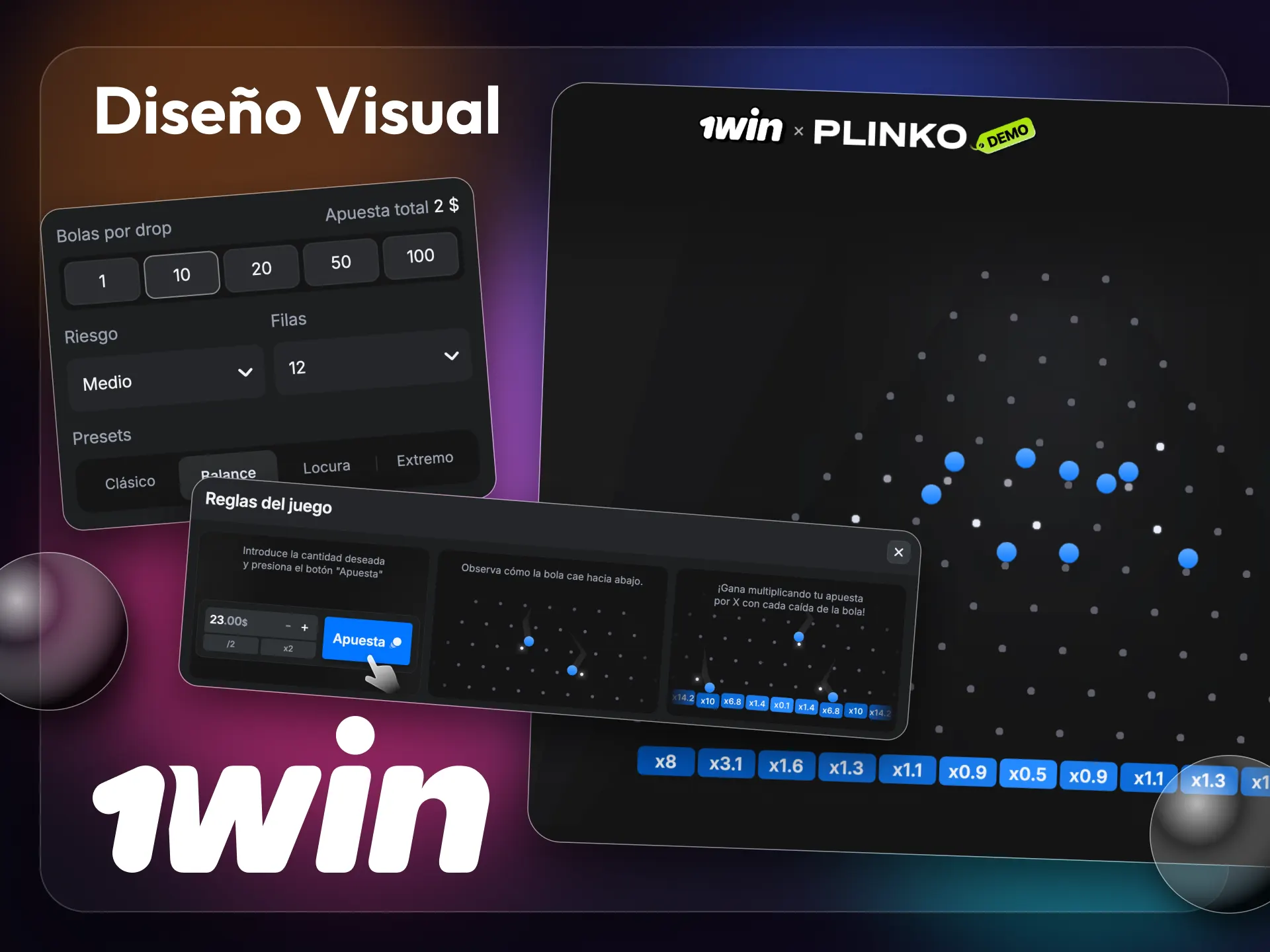 Consulta la interfaz de 1win Plinko 1000 y aprende las reglas.