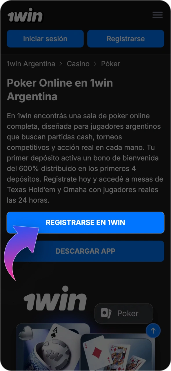 Toca el botón de registro en la página de 1win para crear tu cuenta.