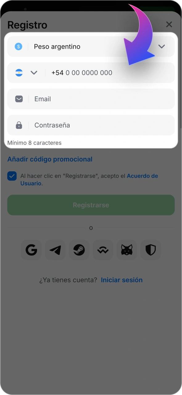 Inicia el proceso de creación de cuenta en la plataforma 1win.